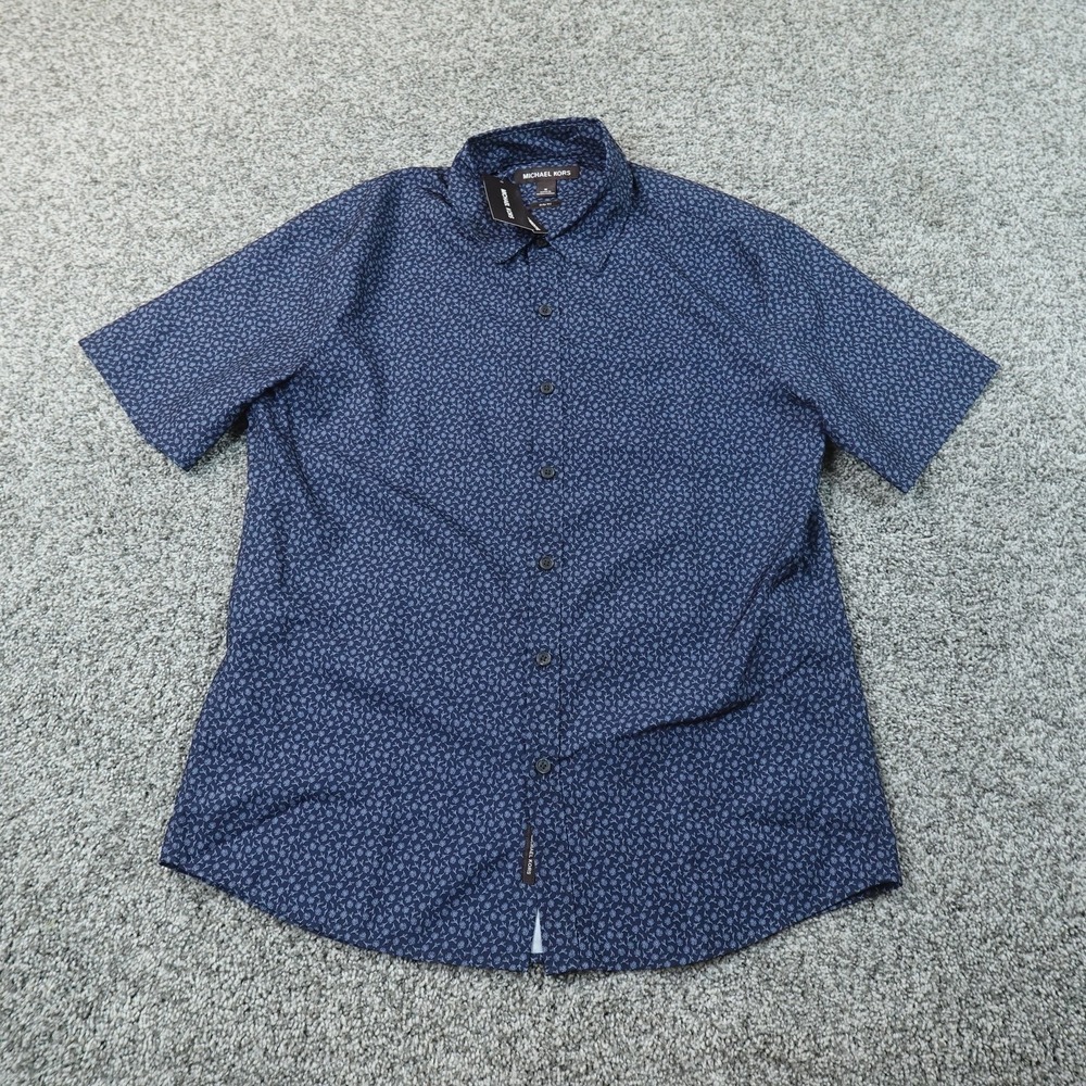 NEW Michael Kors Shirt Mens M Blue Floral Slim Fit Short Sleeve Button Up Casual